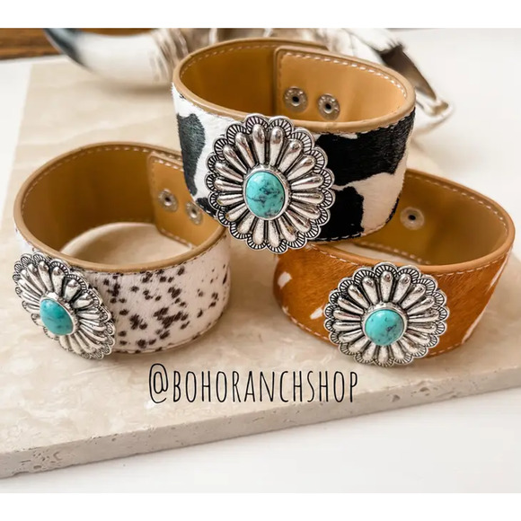 Cowhide Concho Bracelets Hair On Cowhide Genuine Leather Brown Grey Speckle - Picture 3 of 11